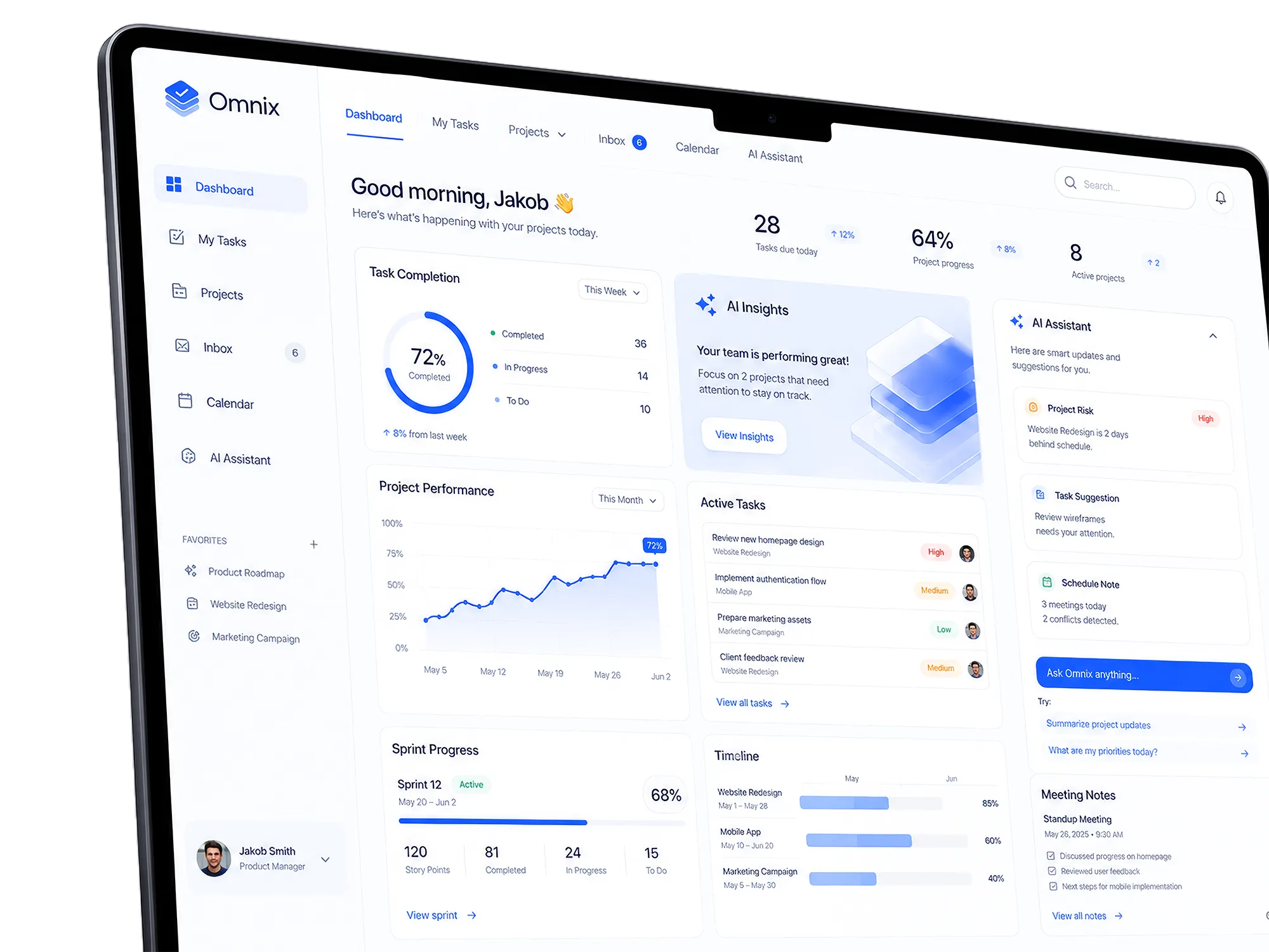 Marketing campaigns dashboard — project performance, AI insights, and campaign tracking